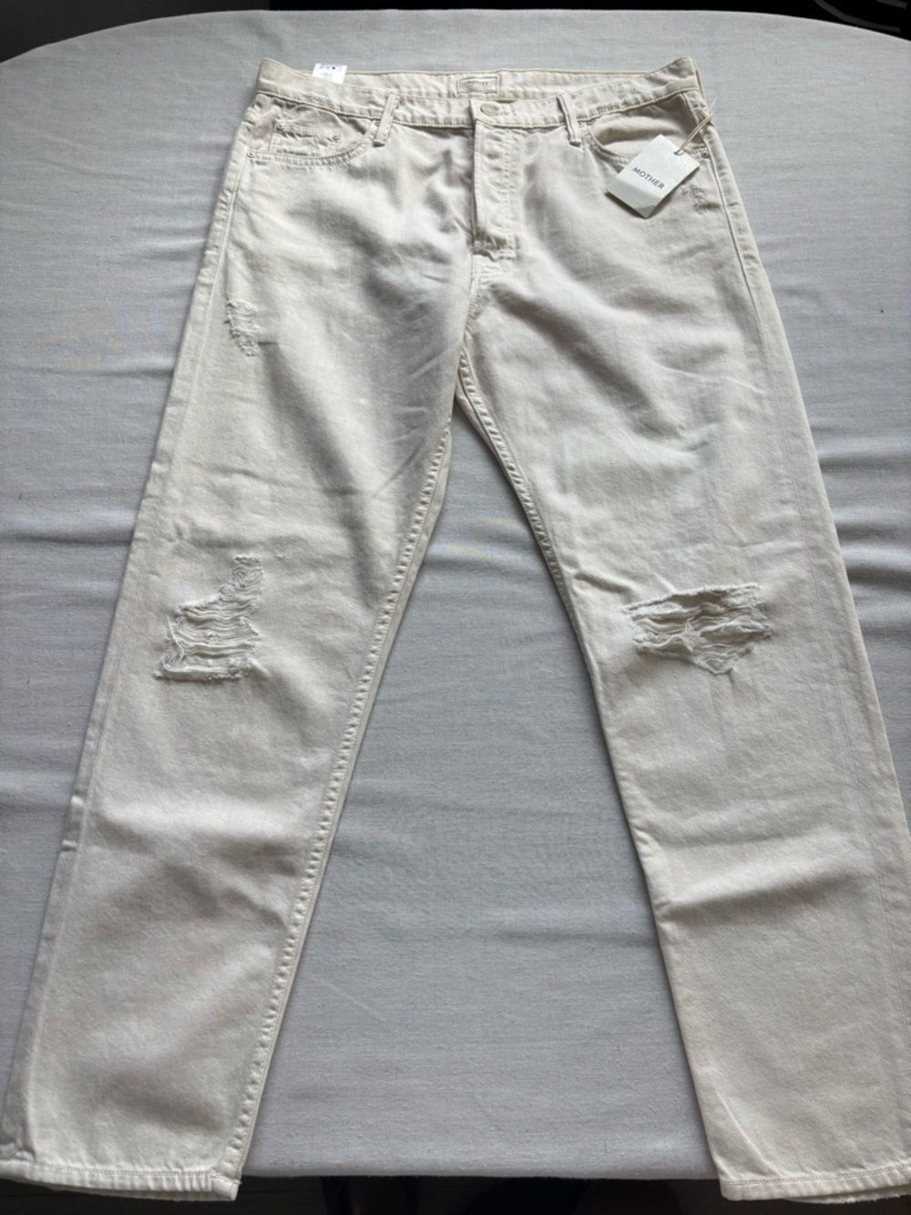 MOTHER Straight Leg Jeans in Light Beige/Cream with Distressed Knees